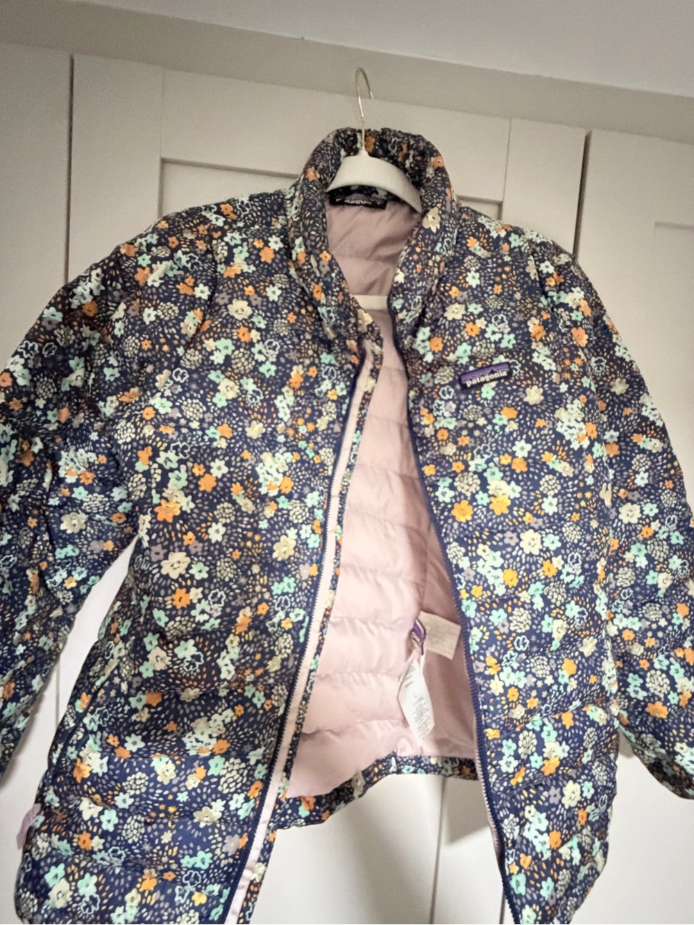 Patagonia Navy Floral Quilted Jacket with Pastel Accents